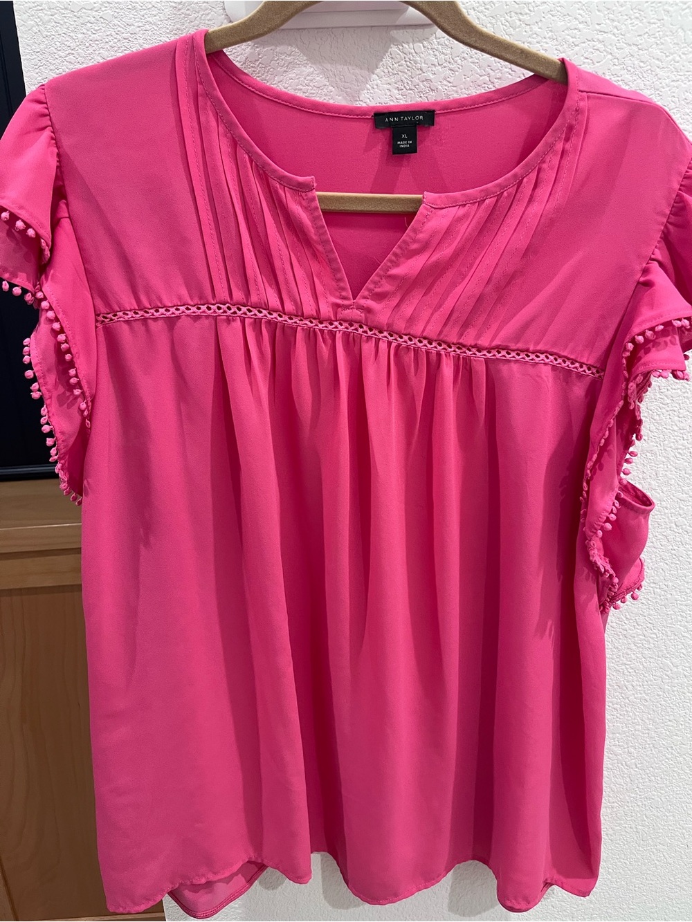 Ann Taylor Hot Pink Pom-Trim Flutter Sleeve Blouse XL